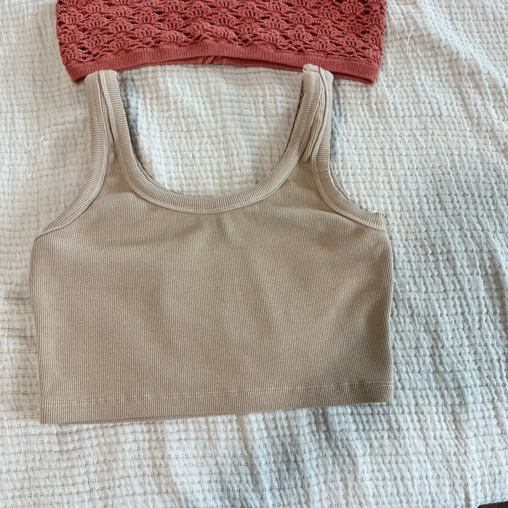 Crochet Cami Ribbed Crop Tank Top Bundle of 2 Womens M Rose Tan Beach Festival - Picture 3 of 13